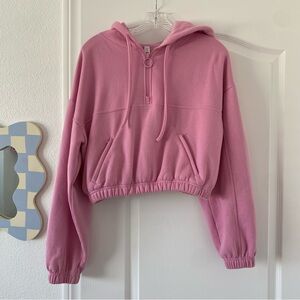 Alo Cropped Half Zip Hoodie in bubblegum pink